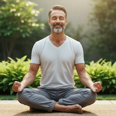 Person meditating peacefully in a calm, natural setting