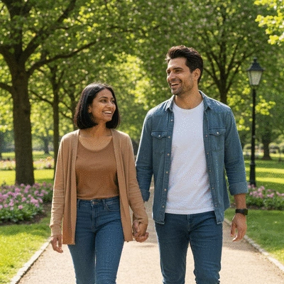 Couple happily holding hands, walking in a park, symbolizing reconnection and healing, no text, no words, no typography, clean image