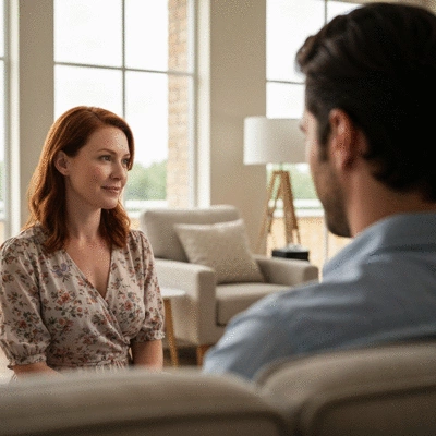 Couple calmly communicating, showing improved relationship after healing