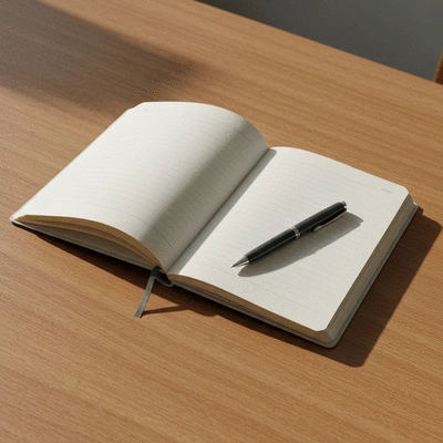 Journal and pen on a clean wooden desk, symbolizing self-reflection