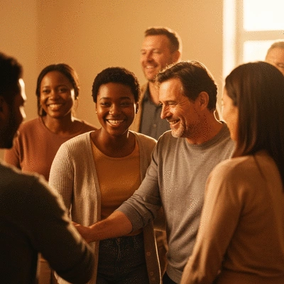 Diverse group of people in a supportive faith community setting, conveying unity and emotional support