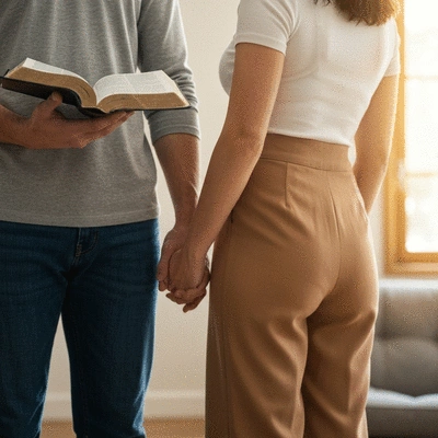 Couple holding hands with a bible open in front of them, symbolizing faith-based principles in marriage