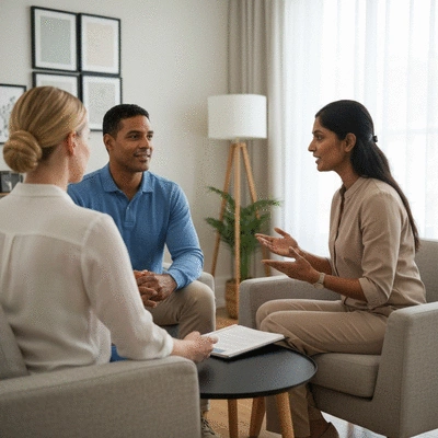 Couple consulting a therapist, symbolizing professional support for emotional healing