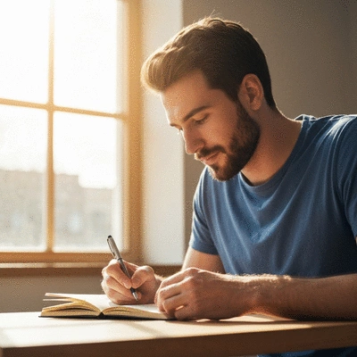 Person thoughtfully journaling in a quiet, sunlit space with a pen and notebook