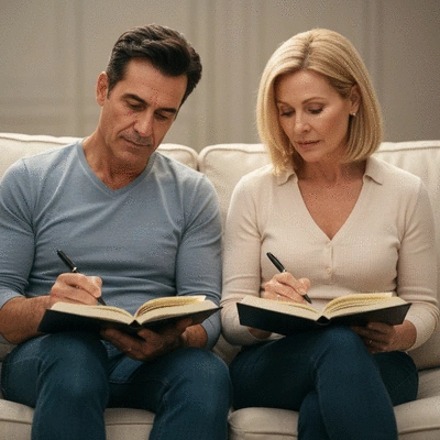 Couple journaling together, focusing on emotional healing after marriage crisis