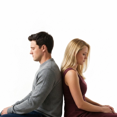 Couple sitting back to back, looking sad, representing emotional distance in a marriage, no text, no words, no typography, clean image