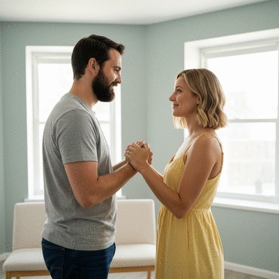 Couple performing a trust-building exercise, showcasing reliance and connection