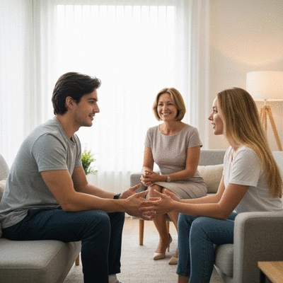 A couple in a therapy session, actively communicating and listening to each other, with a therapist present