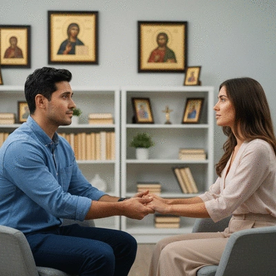Couple in a faith-based counseling session, holding hands, looking hopeful