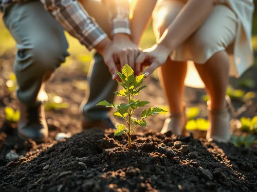 Couple planting a small tree together, symbolizing growth and resilience
