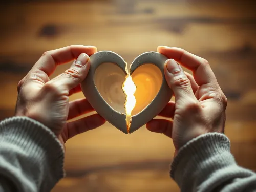 Hands carefully piecing together a broken ceramic heart, symbolizing rebuilding trust